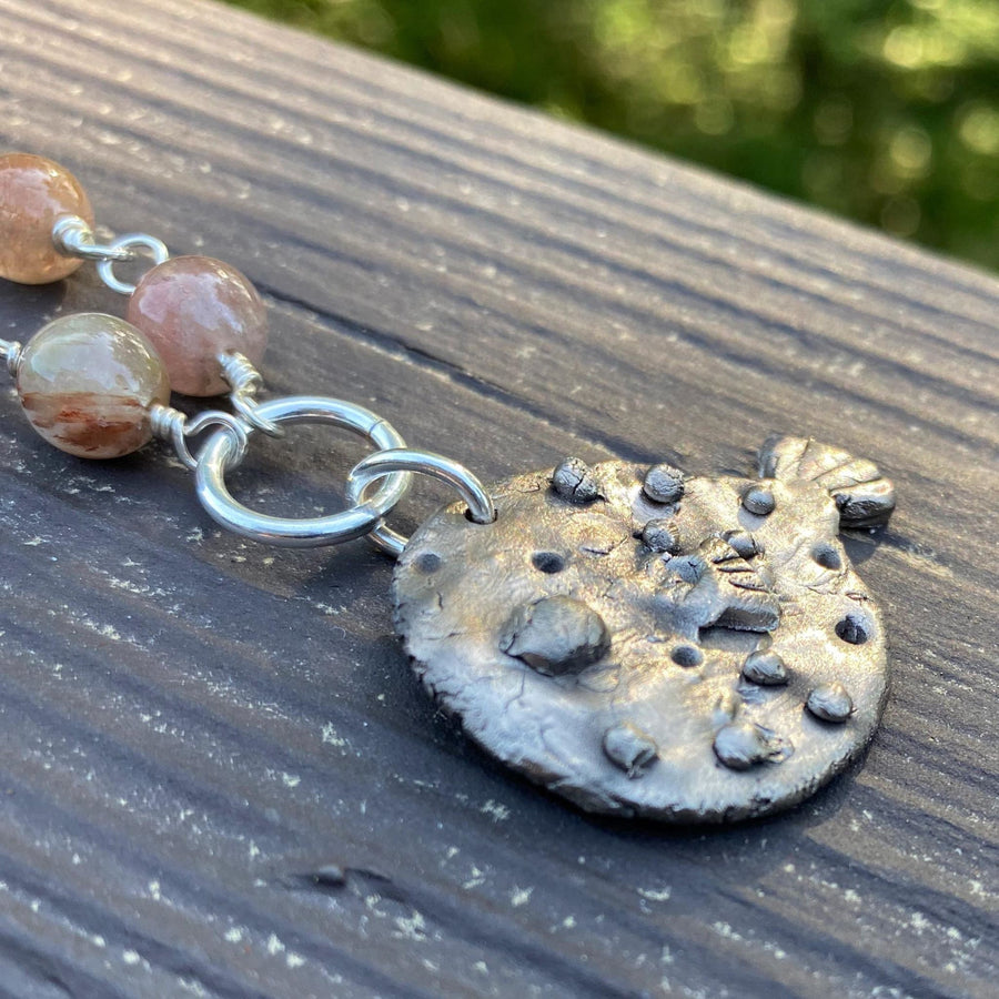 Solid Fine Silver & white bronze Blowfish Pendant, hand carved, with Red Hair Quartz (or rutile quartz) necklace, Recycled Silver