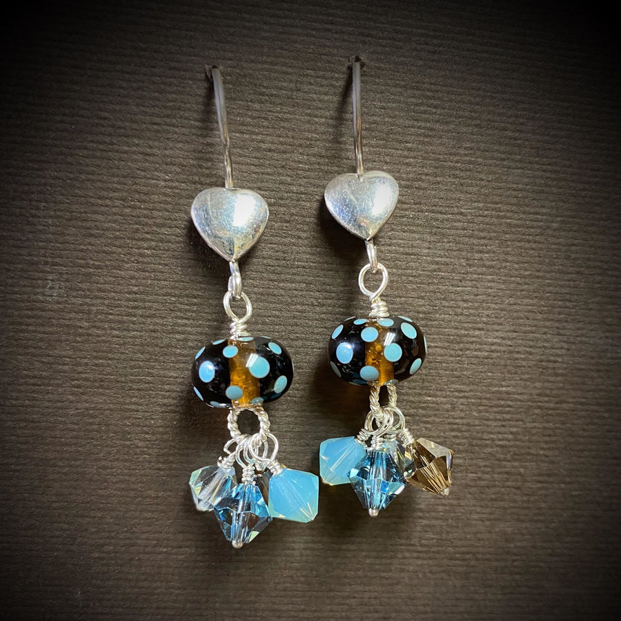 Artisan Sterling Silver & Polka Dot Lampwork Glass Earrings with Sterling Earwires, Swarovski Crystals, Brown Blue Baby Blue Crystal