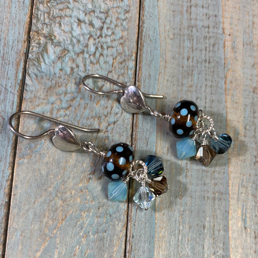 Artisan Sterling Silver & Polka Dot Lampwork Glass Earrings with Sterling Earwires, Swarovski Crystals, Brown Blue Baby Blue Crystal