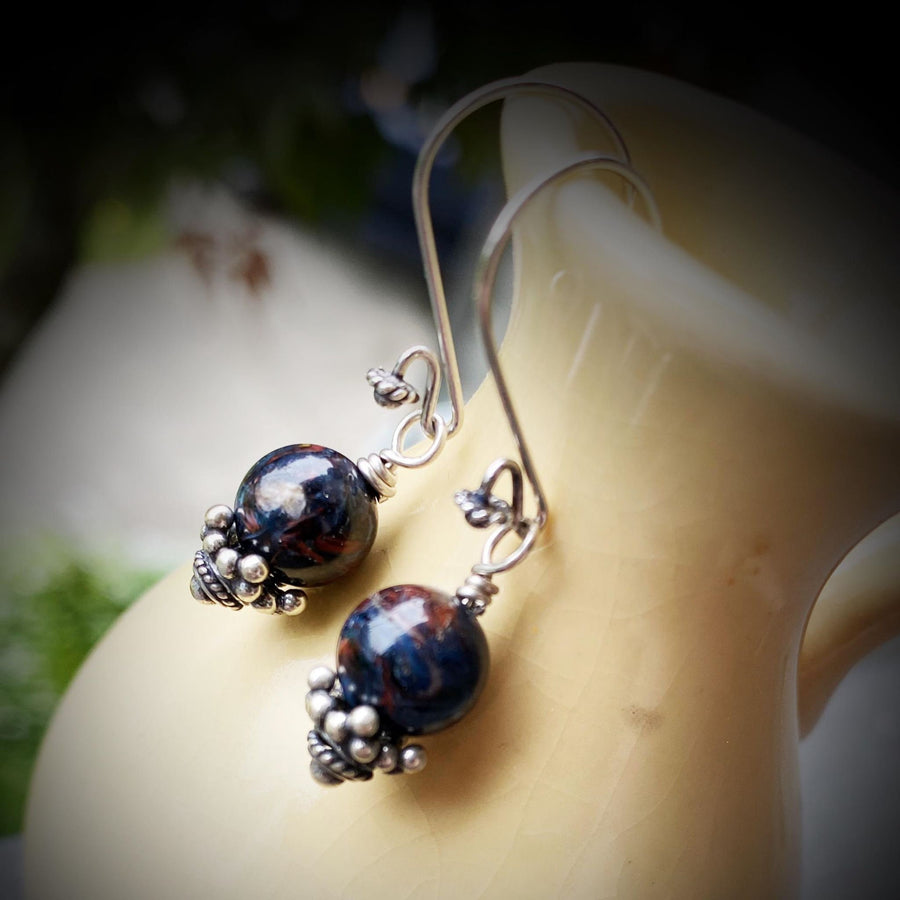 Artisan Sterling Silver & Pietersite Earrings with Sterling Earwires, Petersite Earrings, Beautiful Navy and Burgundy Stone with Bali Silver