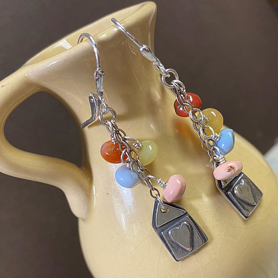 Artisan Sterling Silver Petal & mixed color Peruvian Opal beads with Sterling Earwires Drop Dangle Earrings Beautiful Bali Silver Stamped