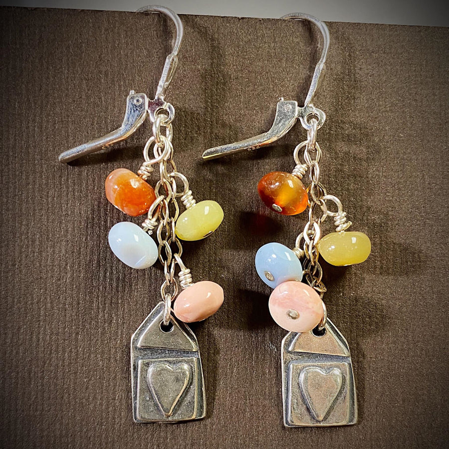 Artisan Sterling Silver Petal & mixed color Peruvian Opal beads with Sterling Earwires Drop Dangle Earrings Beautiful Bali Silver Stamped