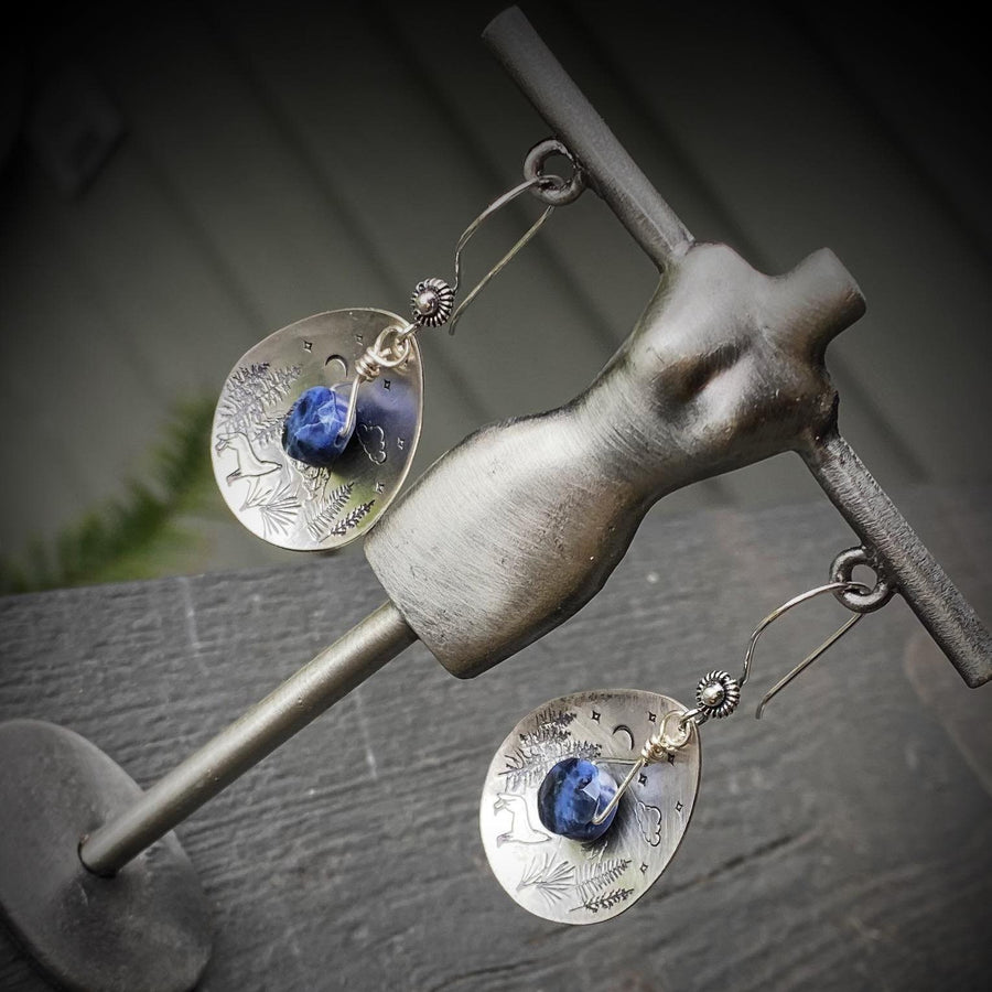 Artisan Sterling Silver Petal & Deep Blue Sodalite Wilderness scene - Sterling Earwires Drop Dangle Earrings Beautiful Bali Silver Stamped