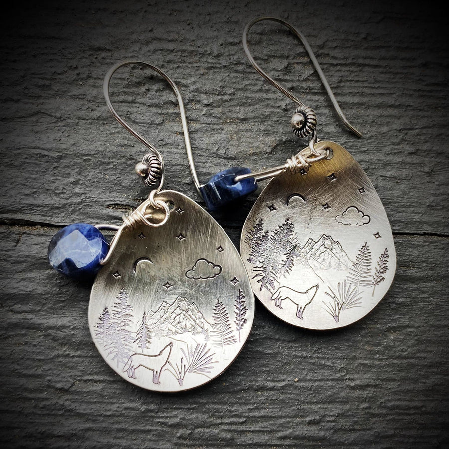 Artisan Sterling Silver Petal & Deep Blue Sodalite Wilderness scene - Sterling Earwires Drop Dangle Earrings Beautiful Bali Silver Stamped