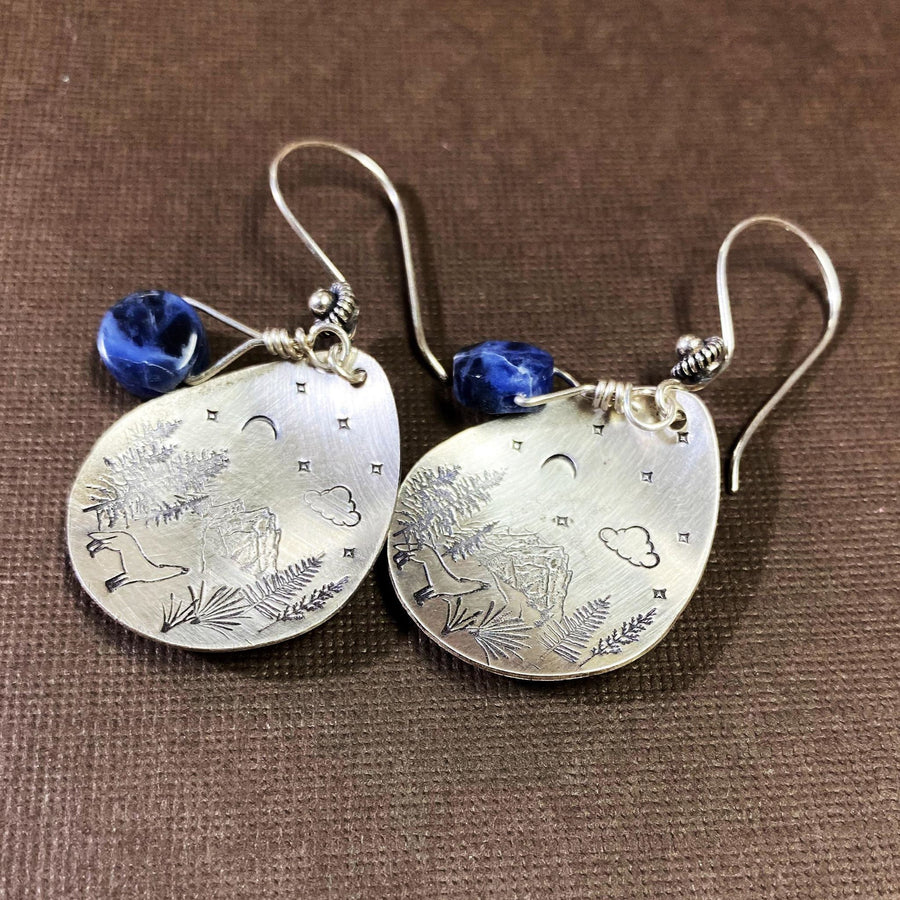 Artisan Sterling Silver Petal & Deep Blue Sodalite Wilderness scene - Sterling Earwires Drop Dangle Earrings Beautiful Bali Silver Stamped