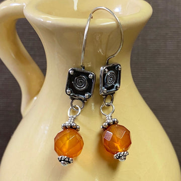 Artisan Sterling Silver & Carnelian Earrings with Sterling Earwires, Carnelian Earrings, Beautiful Faceted Orange Umber with Bali Silver