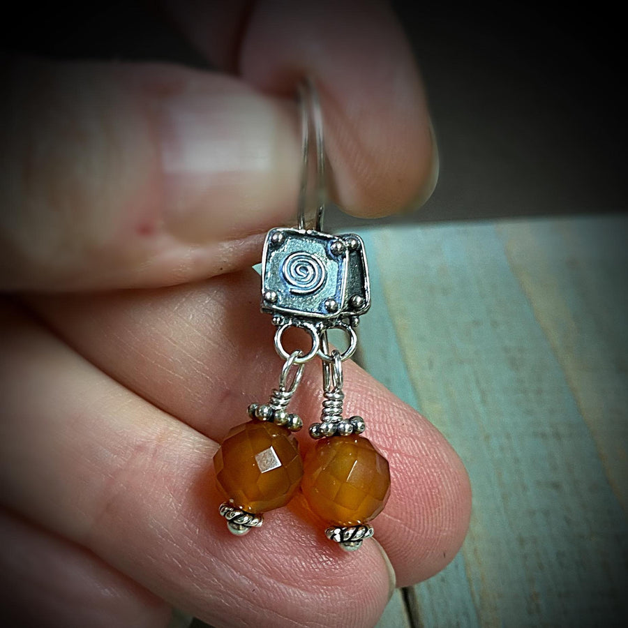 Artisan Sterling Silver & Carnelian Earrings with Sterling Earwires, Carnelian Earrings, Beautiful Faceted Orange Umber with Bali Silver