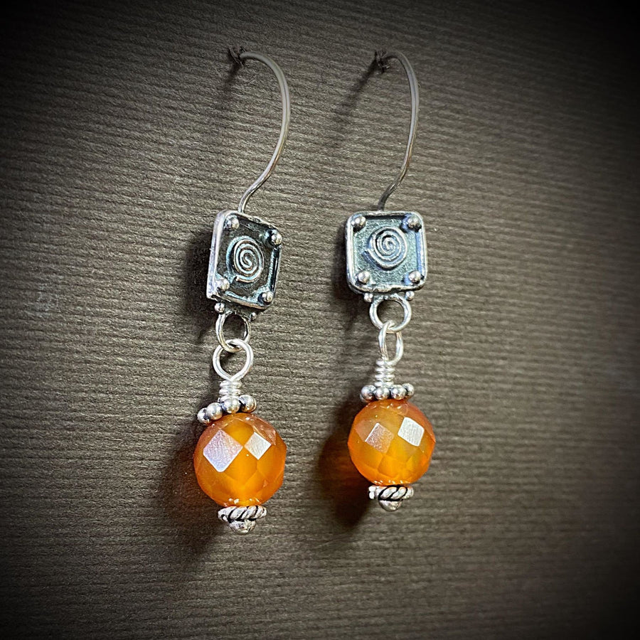 Artisan Sterling Silver & Carnelian Earrings with Sterling Earwires, Carnelian Earrings, Beautiful Faceted Orange Umber with Bali Silver