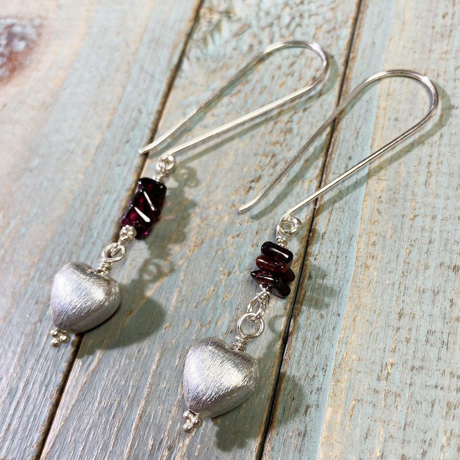 Artisan Sterling Silver Long Stiletto Heart Earrings, with Genuine Garnet, Faceted Gemstone Earwire Ear Wire Heart Earrings, Valentine Gift