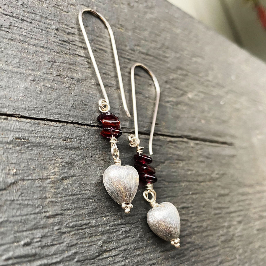 Artisan Sterling Silver Long Stiletto Heart Earrings, with Genuine Garnet, Faceted Gemstone Earwire Ear Wire Heart Earrings, Valentine Gift