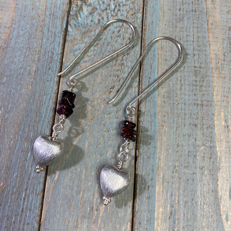 Artisan Sterling Silver Long Stiletto Heart Earrings, with Genuine Garnet, Faceted Gemstone Earwire Ear Wire Heart Earrings, Valentine Gift