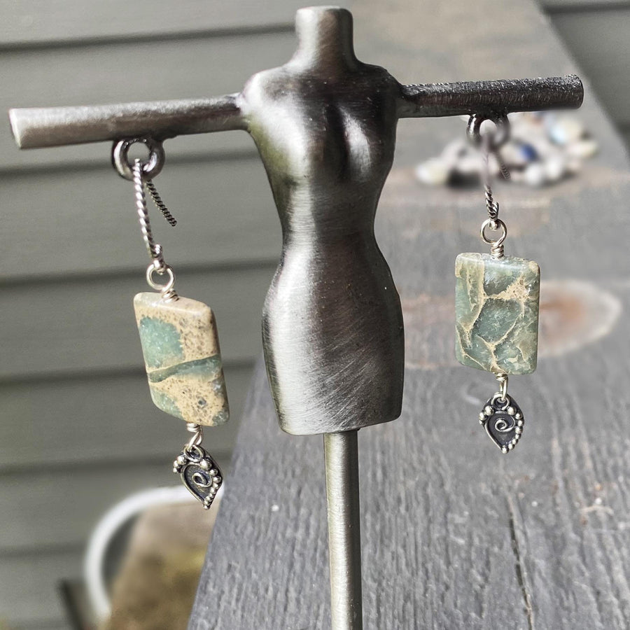 Artisan Sterling Silver & Impression Jasper Earrings, Antiqued Silver Accents, Unusual, Breathtaking, Seafoam Green Blue, Statement Earrings