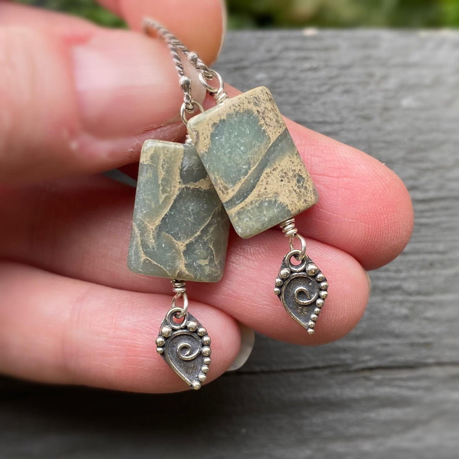 Artisan Sterling Silver & Impression Jasper Earrings, Antiqued Silver Accents, Unusual, Breathtaking, Seafoam Green Blue, Statement Earrings