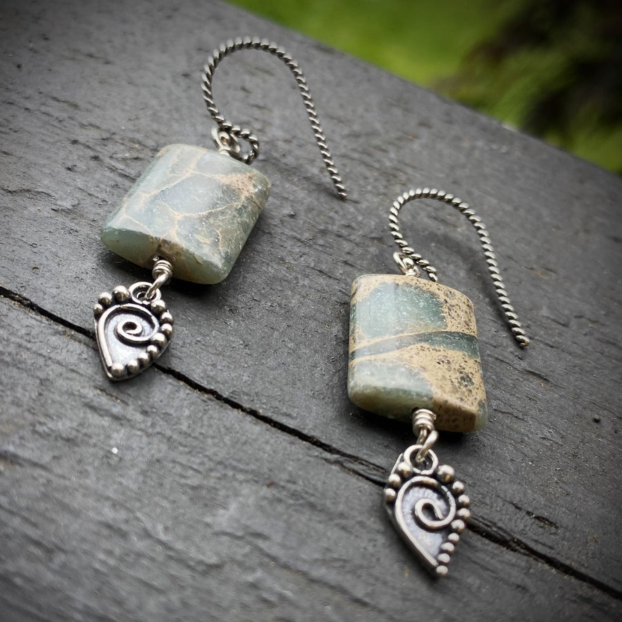 Artisan Sterling Silver & Impression Jasper Earrings, Antiqued Silver Accents, Unusual, Breathtaking, Seafoam Green Blue, Statement Earrings