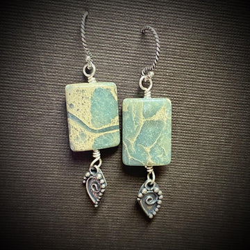 Artisan Sterling Silver & Impression Jasper Earrings, Antiqued Silver Accents, Unusual, Breathtaking, Seafoam Green Blue, Statement Earrings