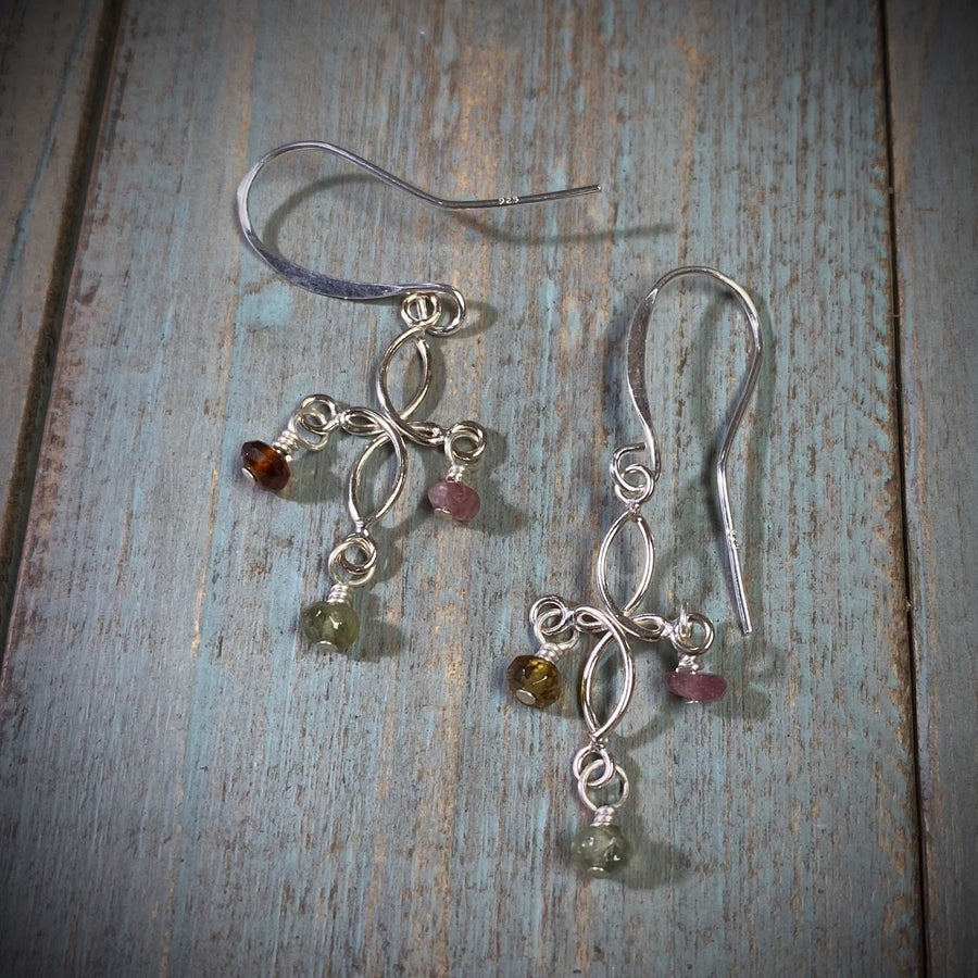 Artisan Sterling Silver and Gemstone delicate cross minimalist earrings, Multicolor Tourmaline, pink, amber, green