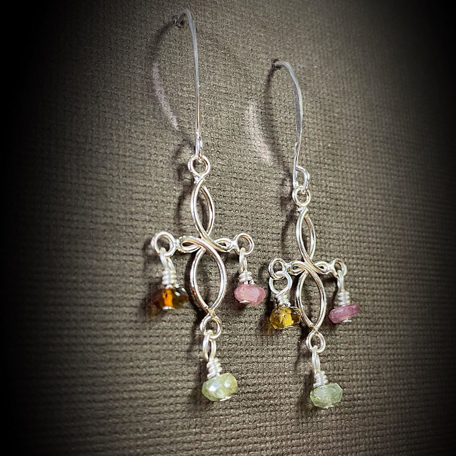 Artisan Sterling Silver and Gemstone delicate cross minimalist earrings, Multicolor Tourmaline, pink, amber, green