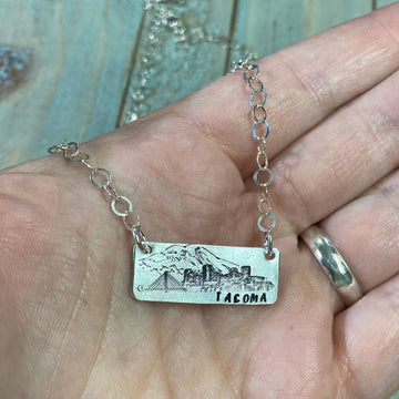 Artisan Stamped Mt Rainier Mountain Washington TACOMA Pendant Necklace, Camping Hiking, Sterling Silver, Mount, Simple, Minimalist, Antiqued