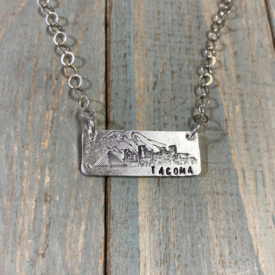 Artisan Stamped Mt Rainier Mountain Washington TACOMA Pendant Necklace, Camping Hiking, Sterling Silver, Mount, Simple, Minimalist, Antiqued