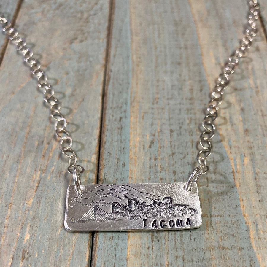 Artisan Stamped Mt Rainier Mountain Washington TACOMA Pendant Necklace, Camping Hiking, Sterling Silver, Mount, Simple, Minimalist, Antiqued