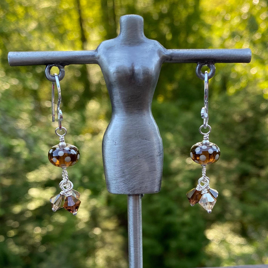 Artisan Sterling Silver & Polka Dot Lampwork Glass Earrings with Sterling Earwires, Swarovski Crystals, Brown Cognac Tobacco Golden