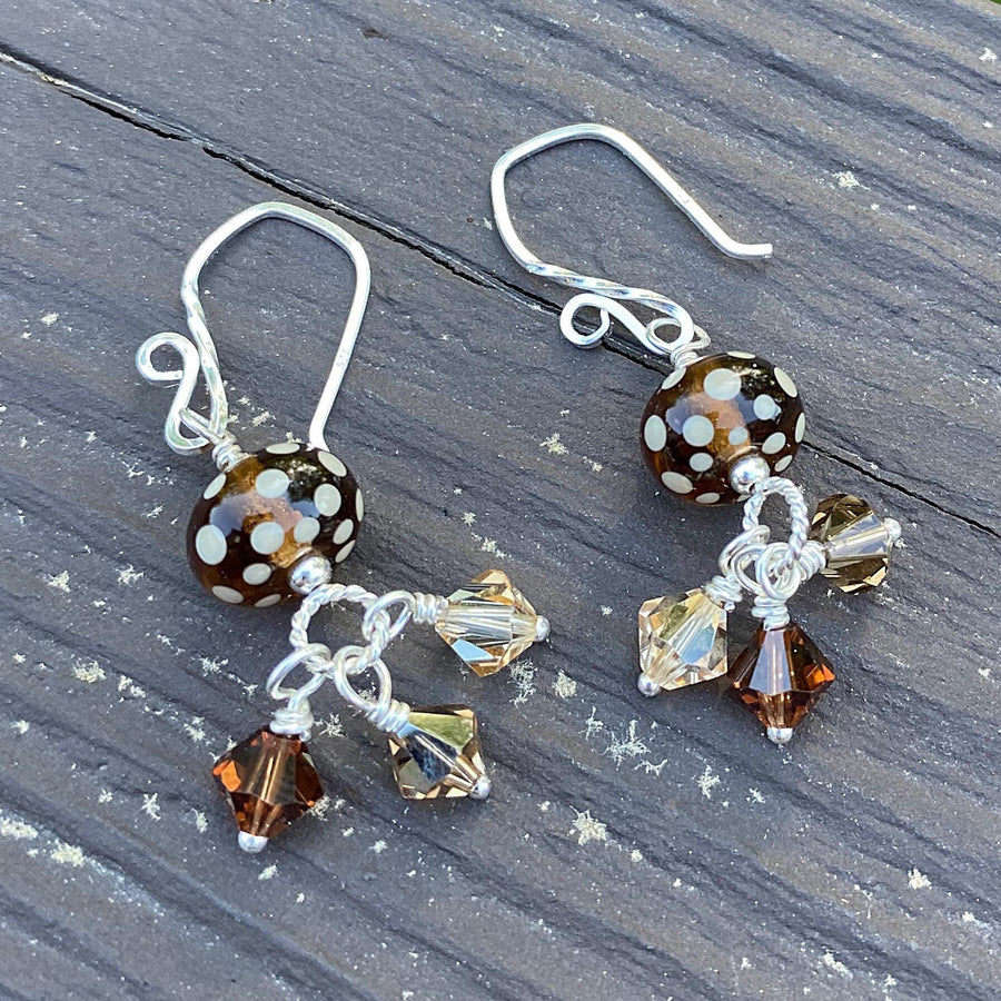 Artisan Sterling Silver & Polka Dot Lampwork Glass Earrings with Sterling Earwires, Swarovski Crystals, Brown Cognac Tobacco Golden