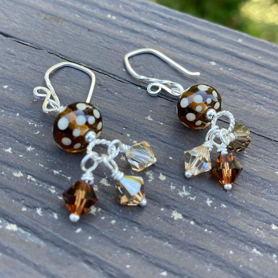 Artisan Sterling Silver & Polka Dot Lampwork Glass Earrings with Sterling Earwires, Swarovski Crystals, Brown Cognac Tobacco Golden