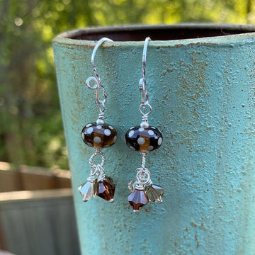 Artisan Sterling Silver & Polka Dot Lampwork Glass Earrings with Sterling Earwires, Swarovski Crystals, Brown Cognac Tobacco Golden