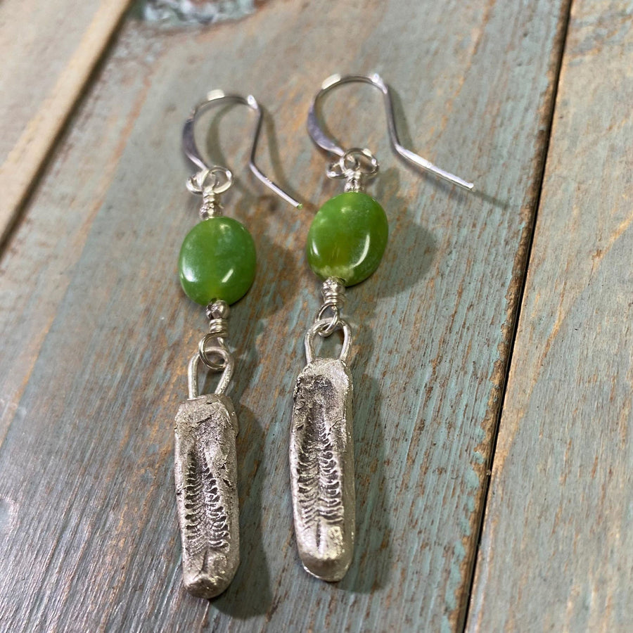 Artisan Fine Silver and Chrysoprase Evergreen Hiking Camping with Sterling Earwires Drop Dangle Earrings Silver Clay PMC Lime Green & Silver