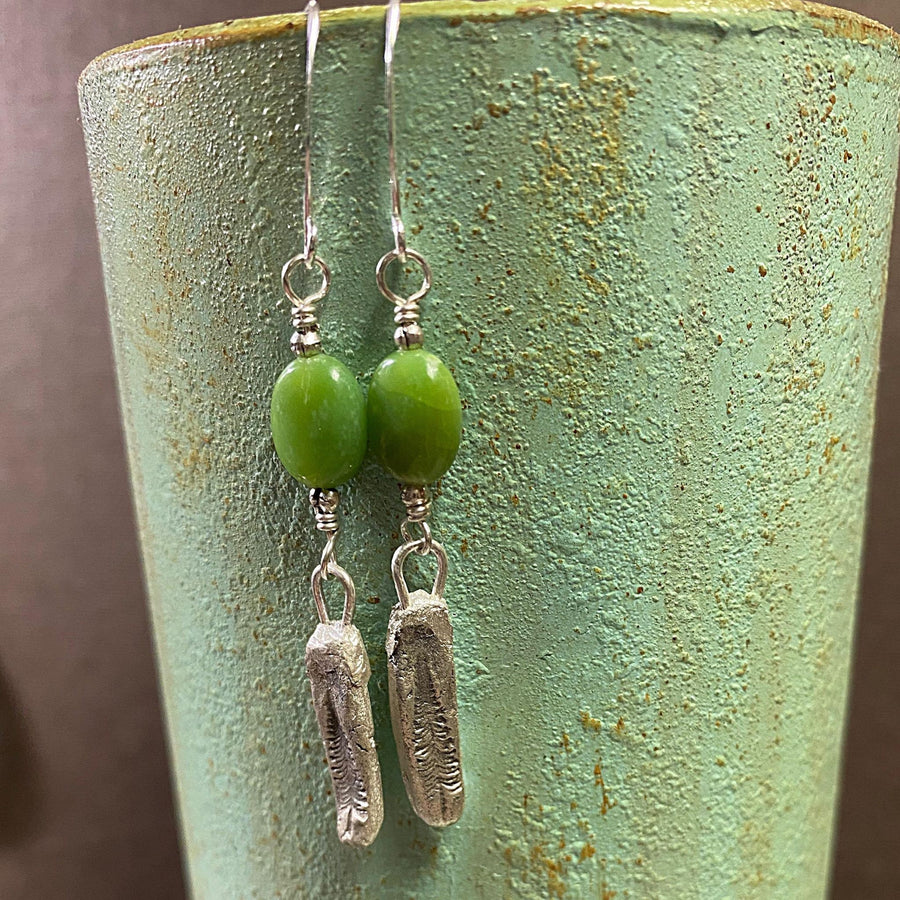 Artisan Fine Silver and Chrysoprase Evergreen Hiking Camping with Sterling Earwires Drop Dangle Earrings Silver Clay PMC Lime Green & Silver