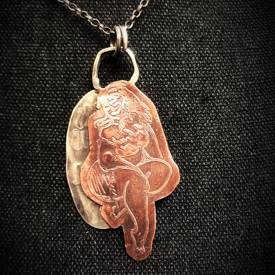 Artisan Sterling Silver & Etched Copper Woman Girl Lady Sitting Pendant, Pinup, Curvy, Thick, Girl, Naked, Posed, Laughing Mixed Metal