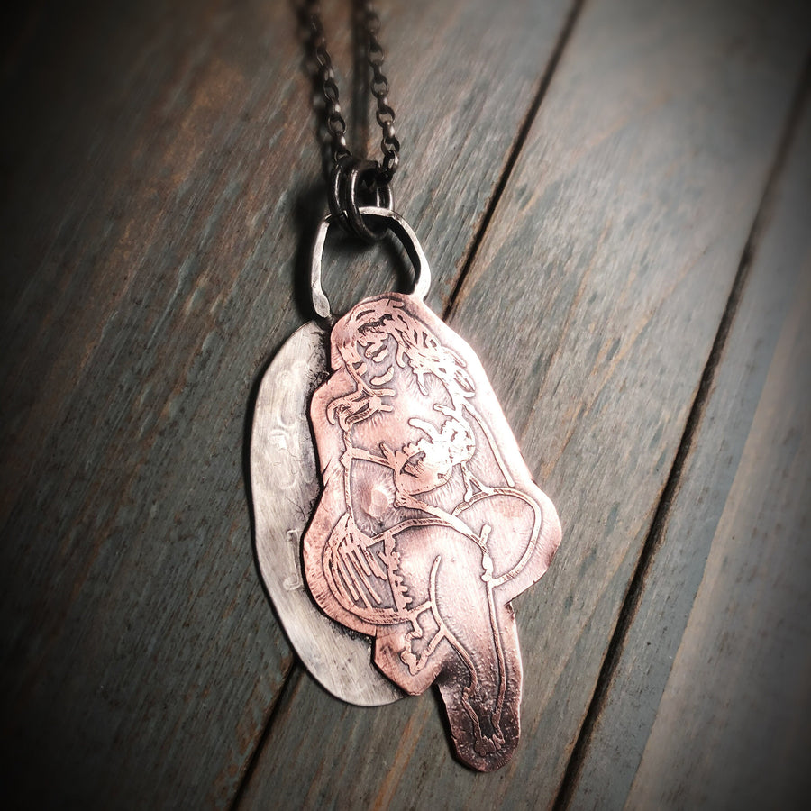 Artisan Sterling Silver & Etched Copper Woman Girl Lady Sitting Pendant, Pinup, Curvy, Thick, Girl, Naked, Posed, Laughing Mixed Metal