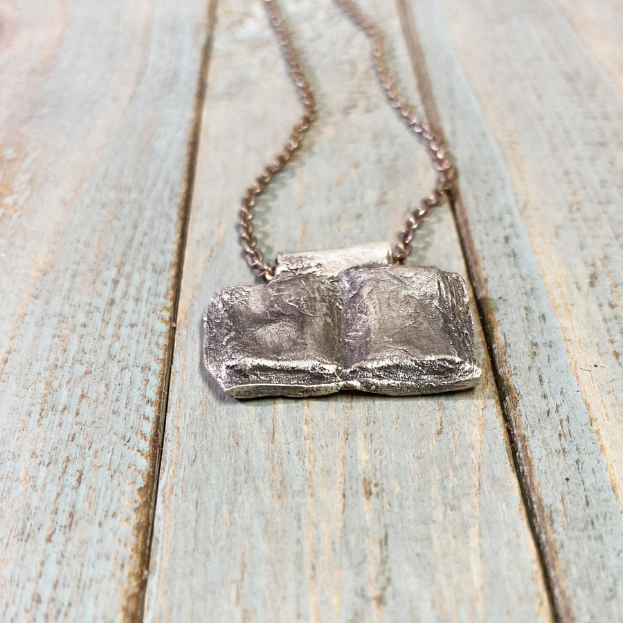 Solid Fine Silver Open Book Pendant, Reader Gift, hand carved, Metal Clay, PMC, Unique OOAK, Customizable Necklace, Recycled Silver