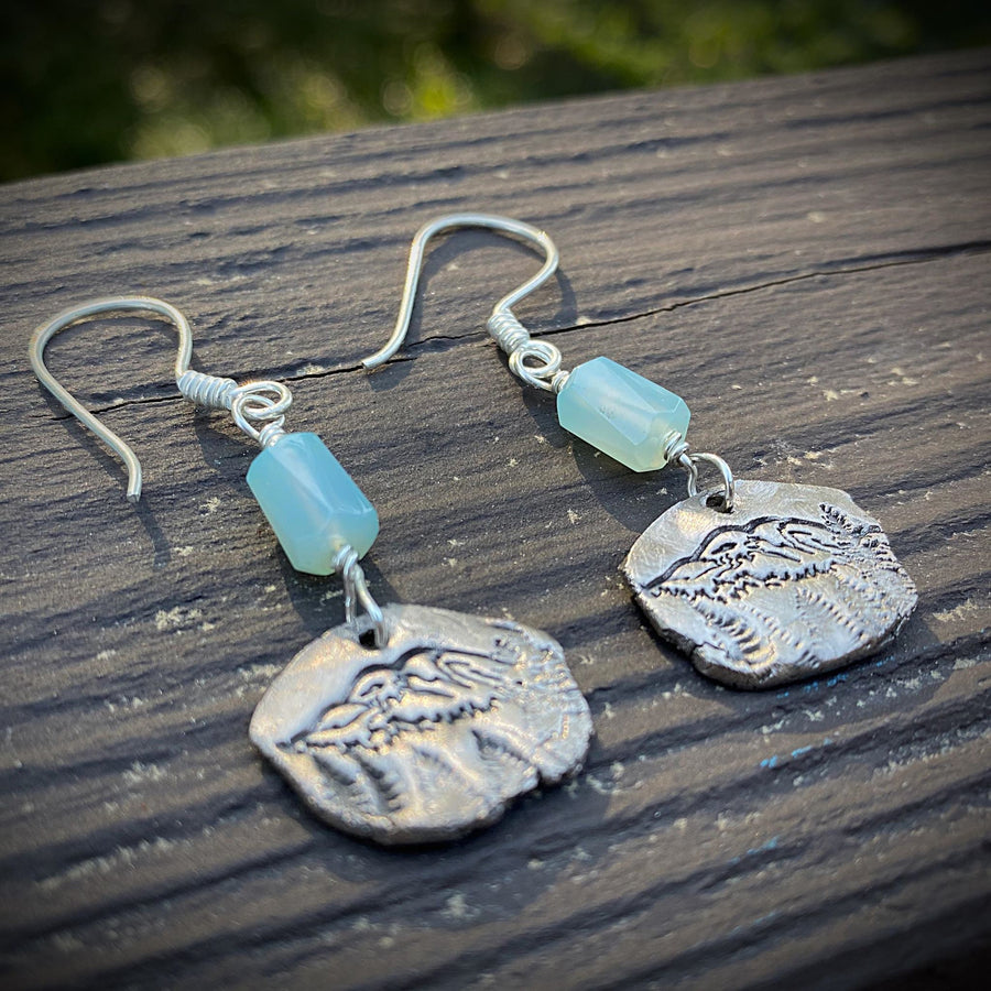 Artisan Fine Silver genuine blue chalcedony with unique Mt. Mount Rainier design in white bronze andSterling Earwires Drop Dangle Earrings