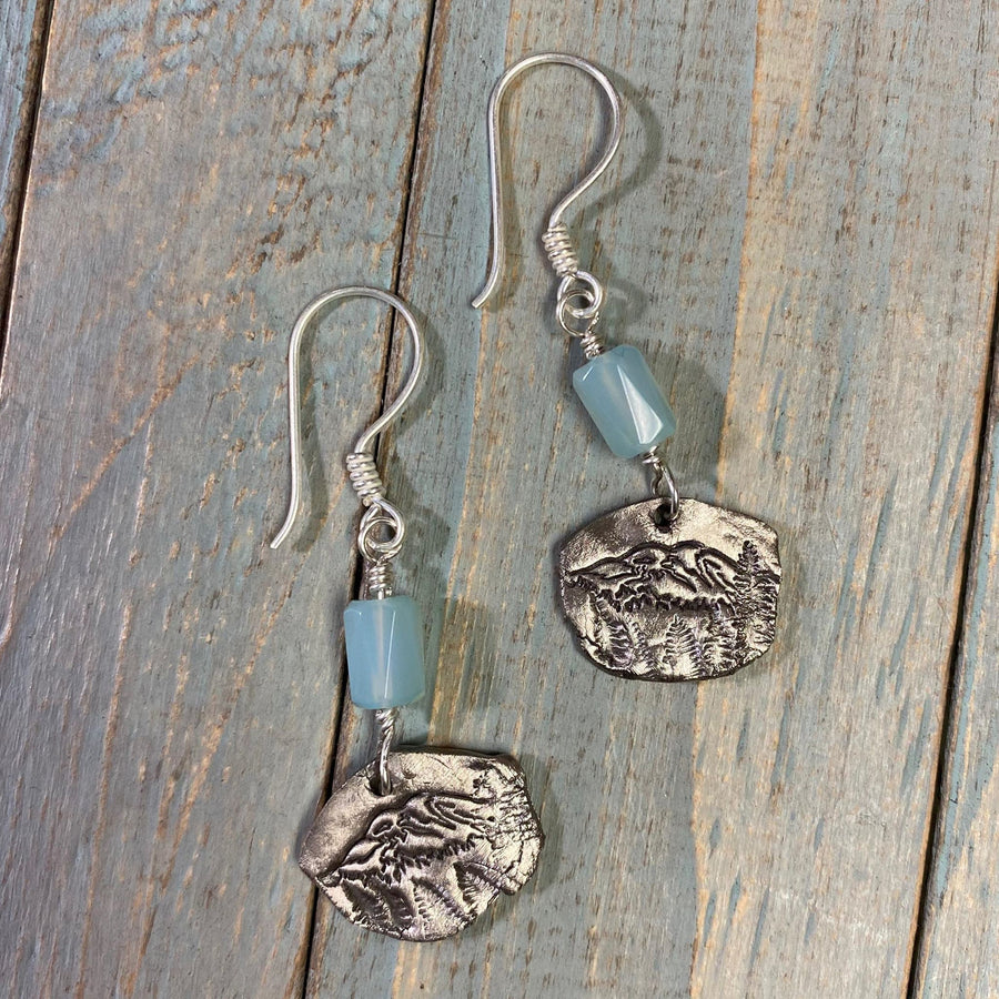 Artisan Fine Silver genuine blue chalcedony with unique Mt. Mount Rainier design in white bronze andSterling Earwires Drop Dangle Earrings