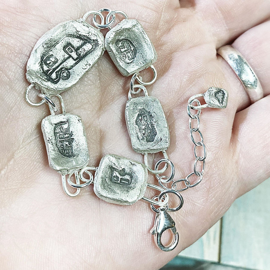 Artisan Fine Silver Little Camping Bracelet, handmade charm bracelet, Campers, RV, Trailer, Vacation Silver Clay PMC Completely Original