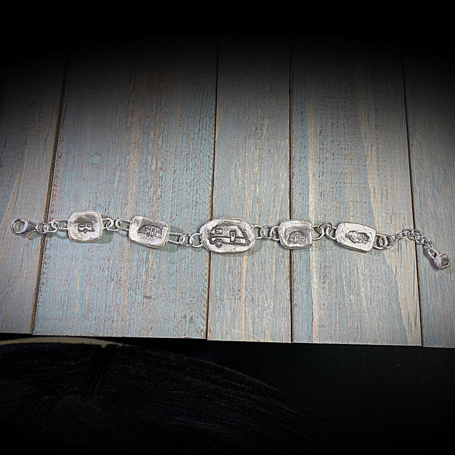 Artisan Fine Silver Little Camping Bracelet, handmade charm bracelet, Campers, RV, Trailer, Vacation Silver Clay PMC Completely Original