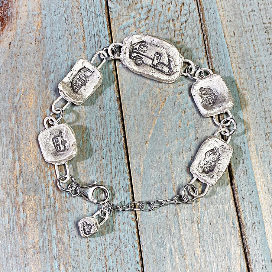 Artisan Fine Silver Little Camping Bracelet, handmade charm bracelet, Campers, RV, Trailer, Vacation Silver Clay PMC Completely Original