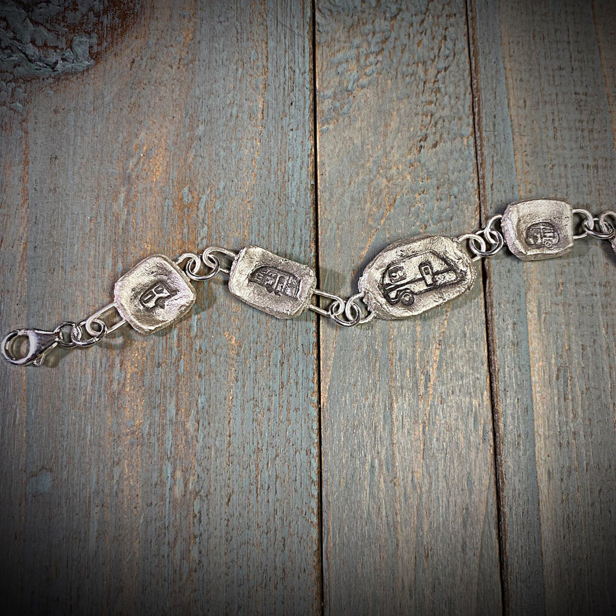 Artisan Fine Silver Little Camping Bracelet, handmade charm bracelet, Campers, RV, Trailer, Vacation Silver Clay PMC Completely Original