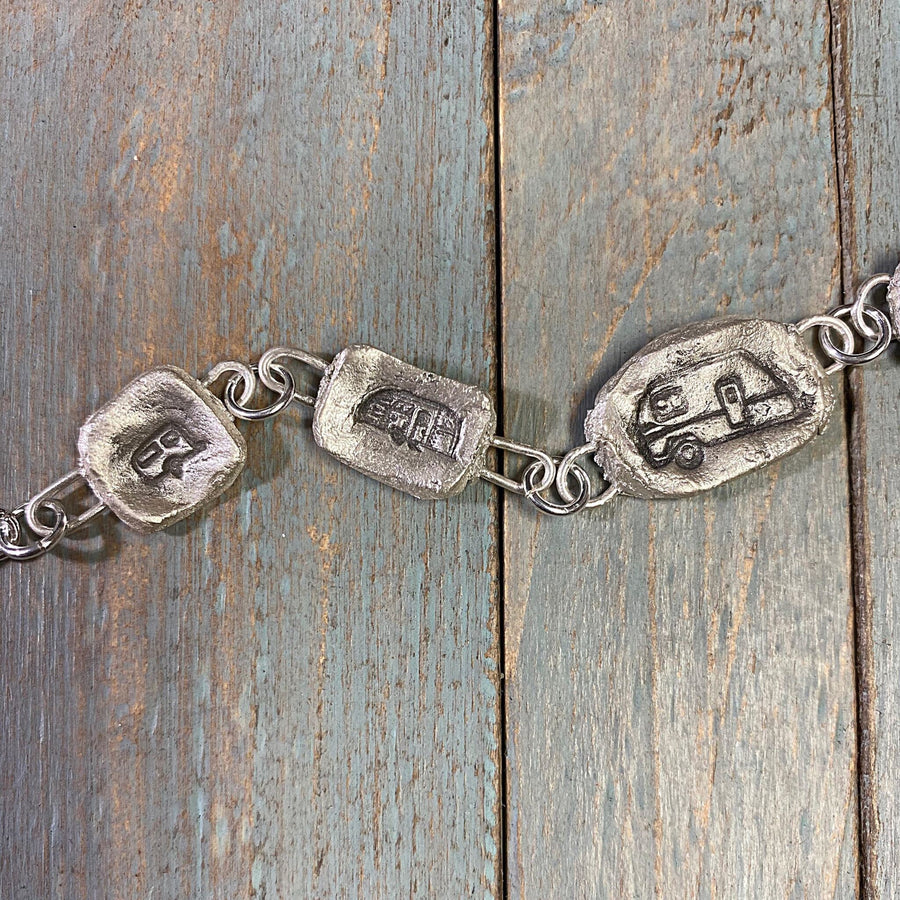 Artisan Fine Silver Little Camping Bracelet, handmade charm bracelet, Campers, RV, Trailer, Vacation Silver Clay PMC Completely Original