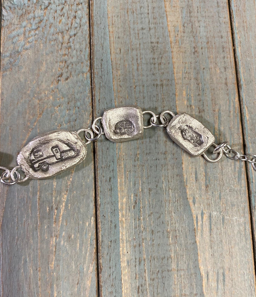 Artisan Fine Silver Little Camping Bracelet, handmade charm bracelet, Campers, RV, Trailer, Vacation Silver Clay PMC Completely Original