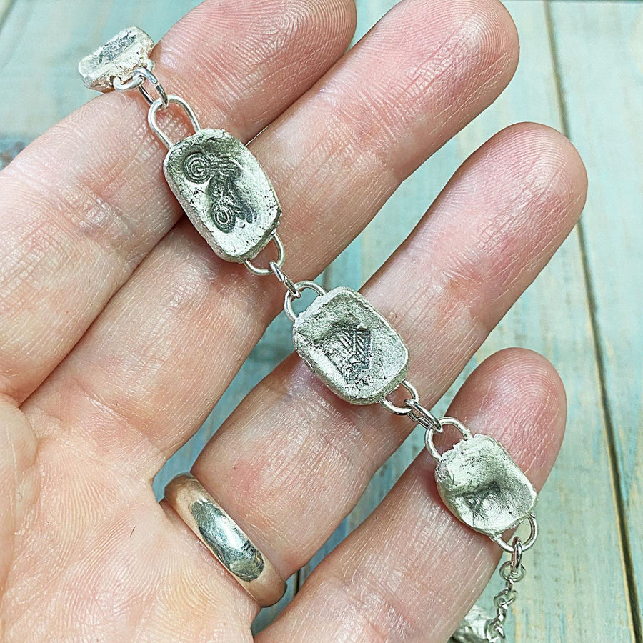 Artisan Fine Silver Little Camping Bracelet, handmade charm bracelet, Mountain, Cabin, Dirt bike, Tent Silver Clay PMC Completely Original