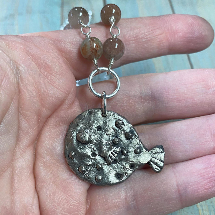 Solid Fine Silver & white bronze Blowfish Pendant, hand carved, with Red Hair Quartz (or rutile quartz) necklace, Recycled Silver