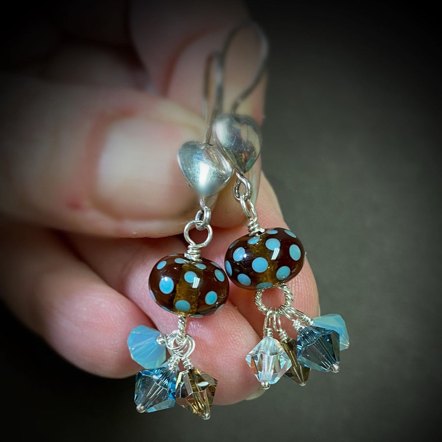 Artisan Sterling Silver & Polka Dot Lampwork Glass Earrings with Sterling Earwires, Swarovski Crystals, Brown Blue Baby Blue Crystal