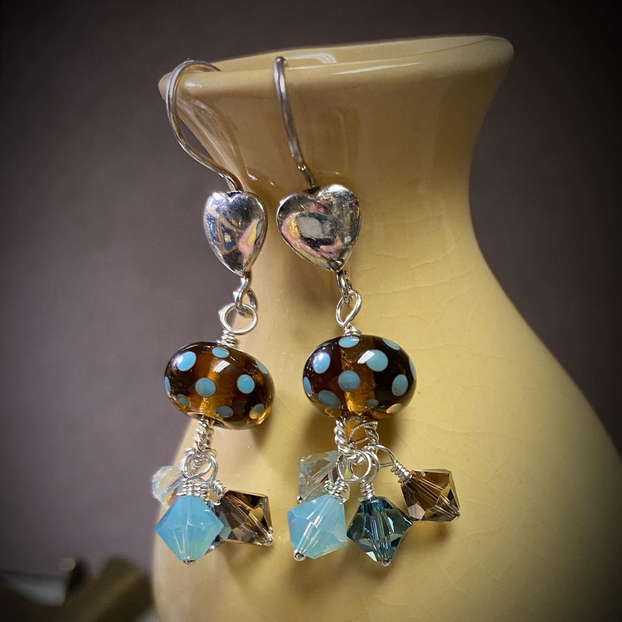 Artisan Sterling Silver & Polka Dot Lampwork Glass Earrings with Sterling Earwires, Swarovski Crystals, Brown Blue Baby Blue Crystal