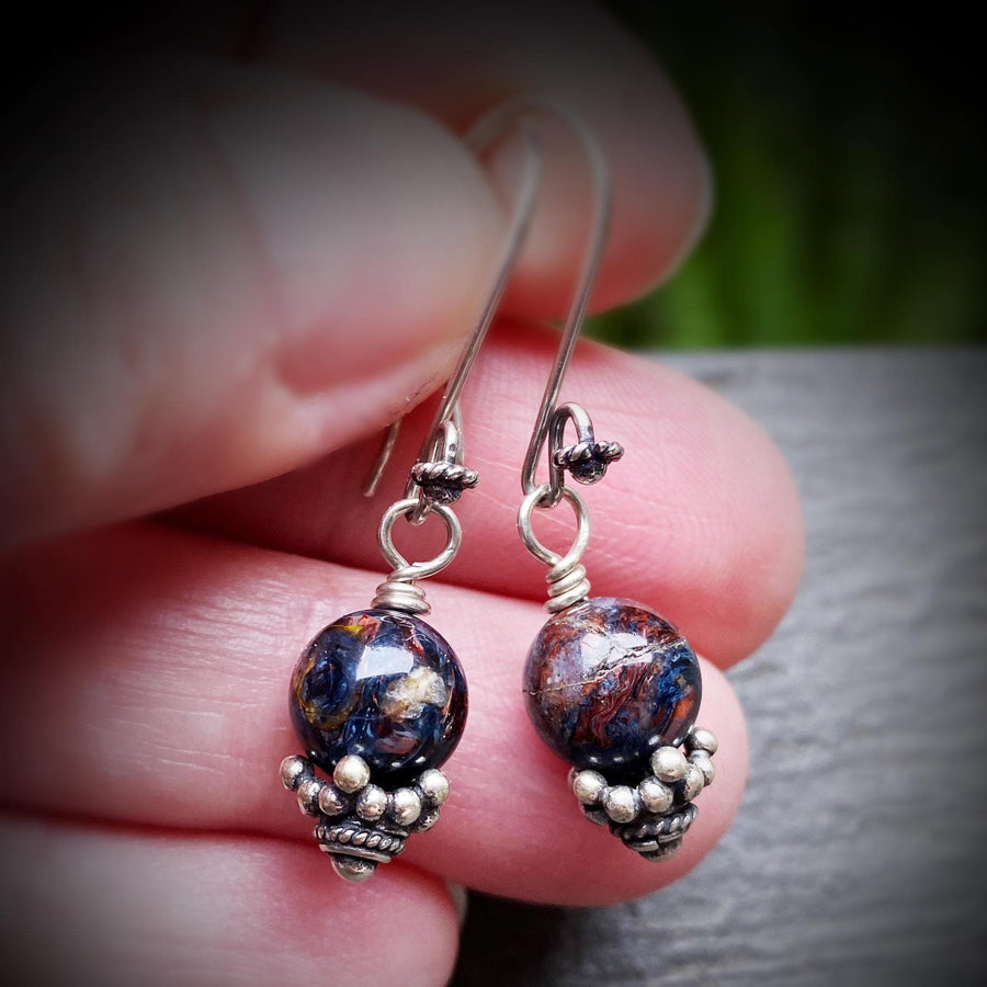 Artisan Sterling Silver & Pietersite Earrings with Sterling Earwires, Petersite Earrings, Beautiful Navy and Burgundy Stone with Bali Silver