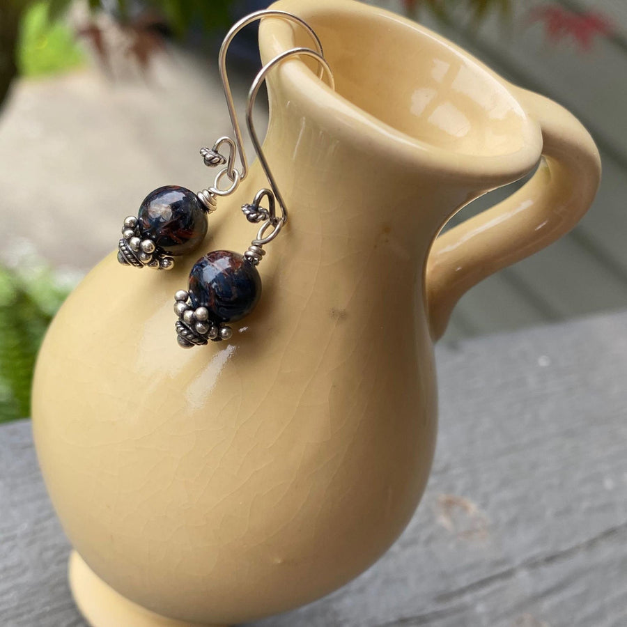 Artisan Sterling Silver & Pietersite Earrings with Sterling Earwires, Petersite Earrings, Beautiful Navy and Burgundy Stone with Bali Silver