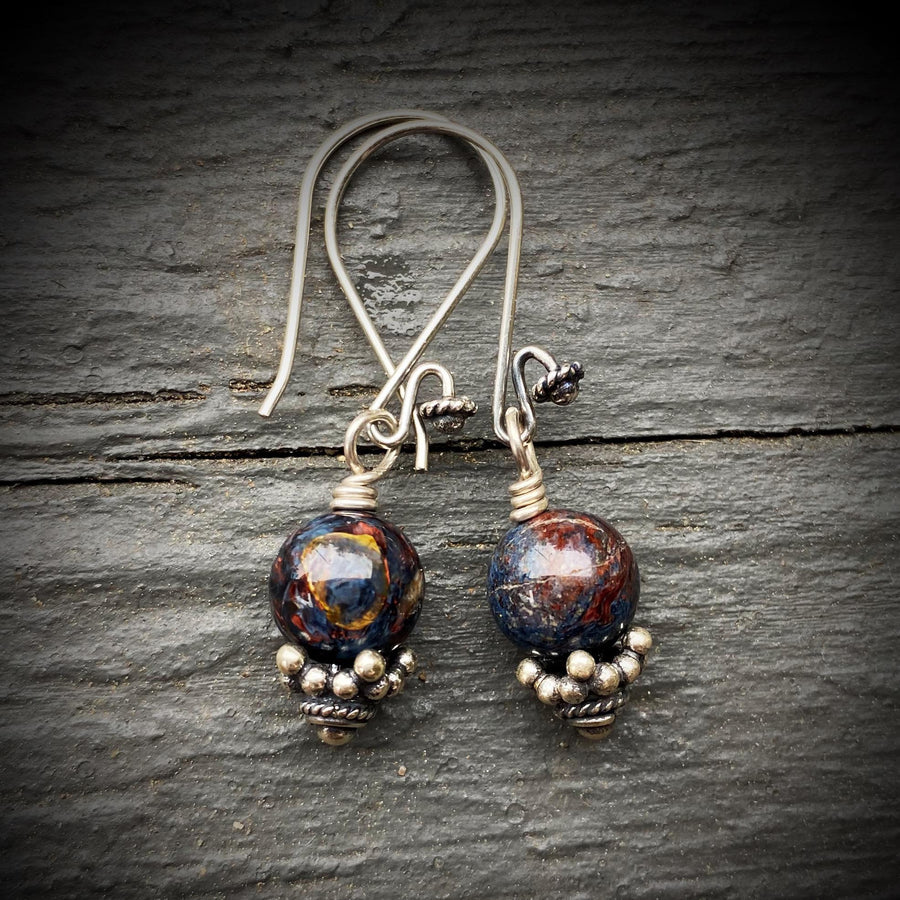 Artisan Sterling Silver & Pietersite Earrings with Sterling Earwires, Petersite Earrings, Beautiful Navy and Burgundy Stone with Bali Silver