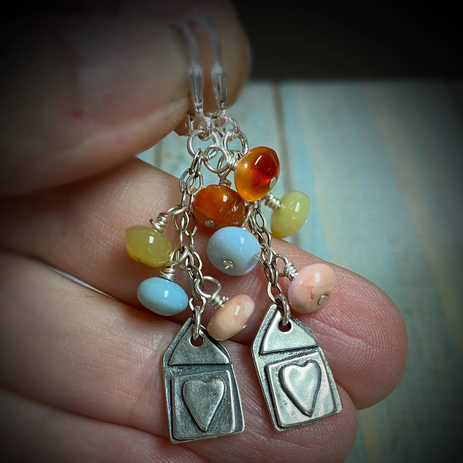 Artisan Sterling Silver Petal & mixed color Peruvian Opal beads with Sterling Earwires Drop Dangle Earrings Beautiful Bali Silver Stamped