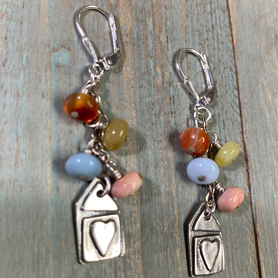 Artisan Sterling Silver Petal & mixed color Peruvian Opal beads with Sterling Earwires Drop Dangle Earrings Beautiful Bali Silver Stamped